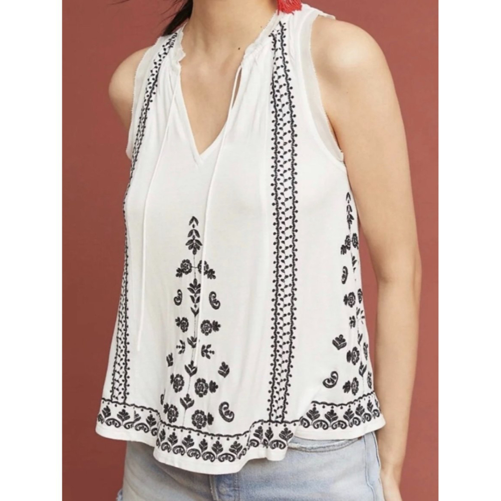 AKEMI + KIN Embroidered Antique White Black Tank Top